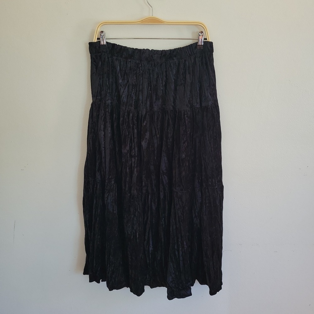 Vintage Clio II Tiered Velvet Midi Skirt Medium‎ Black Boho Goth Grunge Witchy